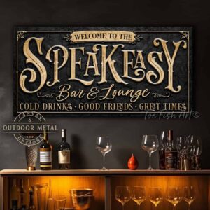 Speakeasy Bar & Lounge Canvas or Metal Personalize-able wall decor sign handmade by ToeFishArt. Original, custom, personalized wall decor signs. Canvas, Wood or Metal. Rustic modern farmhouse, cottagecore, vintage, retro, industrial, Americana, primitive, country, coastal, minimalist.