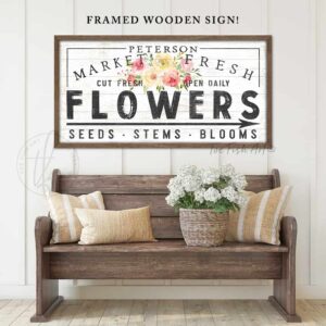 Market Fresh Flowers Personalized Family Name Wood Shiplap Sign handmade by ToeFishArt. Original, custom, personalized wall decor signs. Canvas, Wood or Metal. Rustic modern farmhouse, cottagecore, vintage, retro, industrial, Americana, primitive, country, coastal, minimalist.