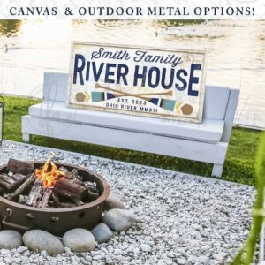 Custom River House Personalized Colorful Sign in canvas or exterior outdoor metal handmade by ToeFishArt. Original, custom, personalized wall decor signs. Canvas, Wood or Metal. Rustic modern farmhouse, cottagecore, vintage, retro, industrial, Americana, primitive, country, coastal, minimalist.