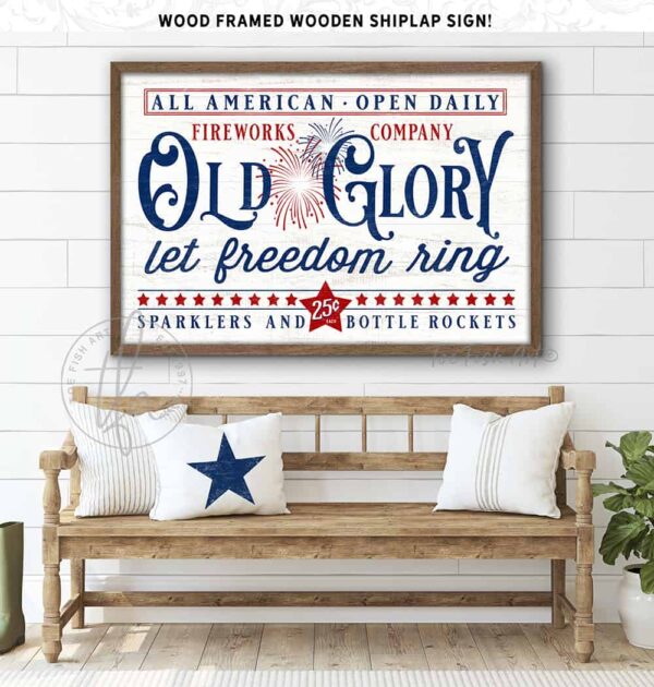 Toe Fish Art Old Glory Fireworks Let Freedom Ring 4th of July Sign Vintage Fourth Of July Decor handmade by ToeFishArt. Original, custom, personalized wall decor signs. Canvas, Wood or Metal. Rustic modern farmhouse, cottagecore, vintage, retro, industrial, Americana, primitive, country, coastal, minimalist.