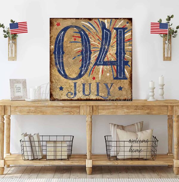 Toe Fish Art 4th of July Sign Vintage Fourth Of July Decor handmade by ToeFishArt. Original, custom, personalized wall decor signs. Canvas, Wood or Metal. Rustic modern farmhouse, cottagecore, vintage, retro, industrial, Americana, primitive, country, coastal, minimalist.
