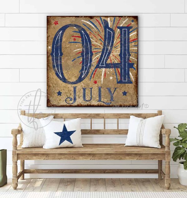 Toe Fish Art 4th of July Sign Vintage Fourth Of July Decor handmade by ToeFishArt. Original, custom, personalized wall decor signs. Canvas, Wood or Metal. Rustic modern farmhouse, cottagecore, vintage, retro, industrial, Americana, primitive, country, coastal, minimalist.