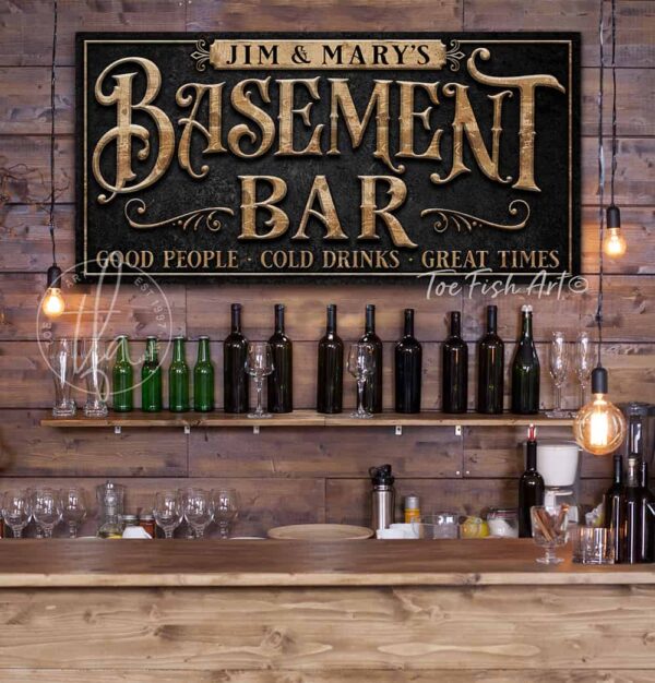 Toe Fish Art Personalized Basement Bar Sign Custom Family Name Sign handmade by ToeFishArt. Original, custom, personalized wall decor signs. Canvas, Wood or Metal. Rustic modern farmhouse, cottagecore, vintage, retro, industrial, Americana, primitive, country, coastal, minimalist.