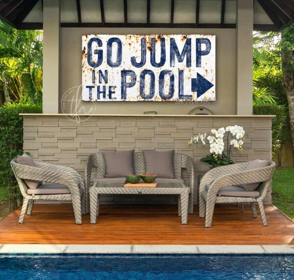 Toe Fish Art Go Jump in the Pool Sign Rustic Pool House Outside Patio Porch Deck Decor Bar Art Canvas OR Outdoor Metal Print handmade by ToeFishArt. Original, custom, personalized wall decor signs. Canvas, Wood or Metal. Rustic modern farmhouse, cottagecore, vintage, retro, industrial, Americana, primitive, country, coastal, minimalist.