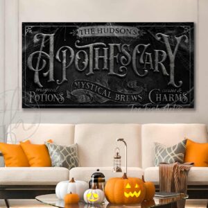 Halloween Sign ApotheScary Magical Potions Home Creepy Rustic Fall Medieval Spooky Vintage Farmhouse Wall Decor handmade by ToeFishArt. Original, custom, personalized wall decor signs. Canvas, Wood or Metal. Rustic modern farmhouse, cottagecore, vintage, retro, industrial, Americana, primitive, country, coastal, minimalist.