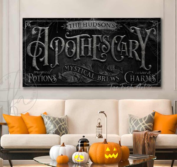 Halloween Sign ApotheScary Magical Potions Home Creepy Rustic Fall Medieval Spooky Vintage Farmhouse Wall Decor handmade by ToeFishArt. Original, custom, personalized wall decor signs. Canvas, Wood or Metal. Rustic modern farmhouse, cottagecore, vintage, retro, industrial, Americana, primitive, country, coastal, minimalist.