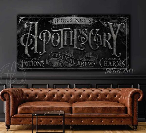 Halloween Sign ApotheScary Magical Potions Home Creepy Rustic Fall Medieval Spooky Vintage Farmhouse Wall Decor handmade by ToeFishArt. Original, custom, personalized wall decor signs. Canvas, Wood or Metal. Rustic modern farmhouse, cottagecore, vintage, retro, industrial, Americana, primitive, country, coastal, minimalist.