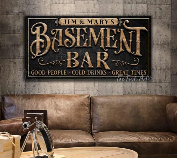 Toe Fish Art Personalized Basement Bar Sign Custom Family Name Sign handmade by ToeFishArt. Original, custom, personalized wall decor signs. Canvas, Wood or Metal. Rustic modern farmhouse, cottagecore, vintage, retro, industrial, Americana, primitive, country, coastal, minimalist.