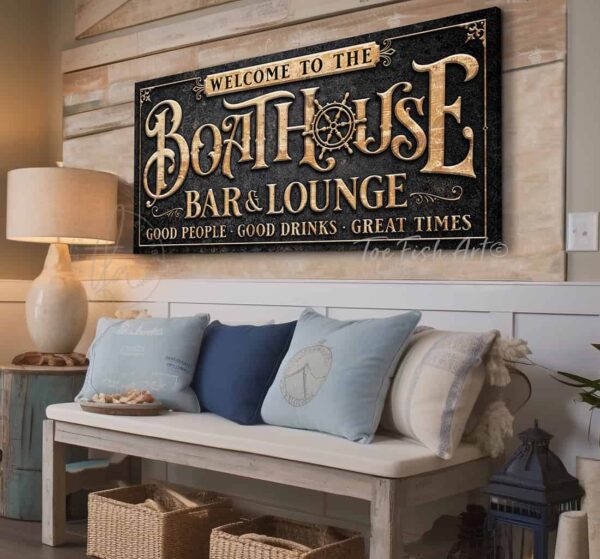 Personalized Boat house Sign Lake House Lounge Wall Decor Canvas OR Outdoor Metal Print handmade by ToeFishArt. Original, custom, personalized wall decor signs. Canvas, Wood or Metal. Rustic modern farmhouse, cottagecore, vintage, retro, industrial, Americana, primitive, country, coastal, minimalist.