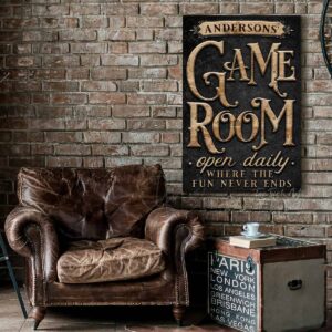 Personalized Game Room Sign Custom Family Last Name Sign handmade by ToeFishArt. Original, custom, personalized wall decor signs. Canvas, Wood or Metal. Rustic modern farmhouse, cottagecore, vintage, retro, industrial, Americana, primitive, country, coastal, minimalist.