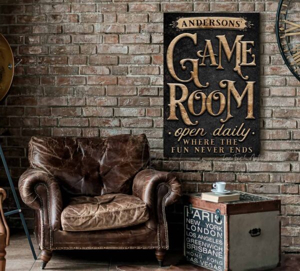 Personalized Game Room Sign Custom Family Last Name Sign handmade by ToeFishArt. Original, custom, personalized wall decor signs. Canvas, Wood or Metal. Rustic modern farmhouse, cottagecore, vintage, retro, industrial, Americana, primitive, country, coastal, minimalist.