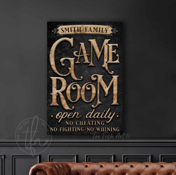 Personalized Game Room Sign Custom Family Last Name Sign handmade by ToeFishArt. Original, custom, personalized wall decor signs. Canvas, Wood or Metal. Rustic modern farmhouse, cottagecore, vintage, retro, industrial, Americana, primitive, country, coastal, minimalist.