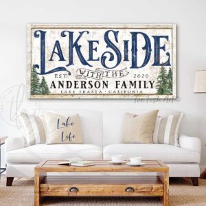 Personalized Lakeside Family Name Sign handmade by ToeFishArt. Original, custom, personalized wall decor signs. Canvas, Wood or Metal. Rustic modern farmhouse, cottagecore, vintage, retro, industrial, Americana, primitive, country, coastal, minimalist.