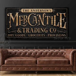 Mercantile Personalized Sign handmade by ToeFishArt. Original, custom, personalized wall decor signs. Canvas, Wood or Metal. Rustic modern farmhouse, cottagecore, vintage, retro, industrial, Americana, primitive, country, coastal, minimalist.