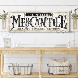 Mercantile Personalized Sign handmade by ToeFishArt. Original, custom, personalized wall decor signs. Canvas, Wood or Metal. Rustic modern farmhouse, cottagecore, vintage, retro, industrial, Americana, primitive, country, coastal, minimalist.