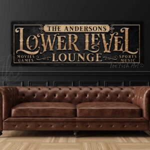 Personalized Lower Level Lounge Sign handmade by ToeFishArt. Original, custom, personalized wall decor signs. Canvas, Wood or Metal. Rustic modern farmhouse, cottagecore, vintage, retro, industrial, Americana, primitive, country, coastal, minimalist.