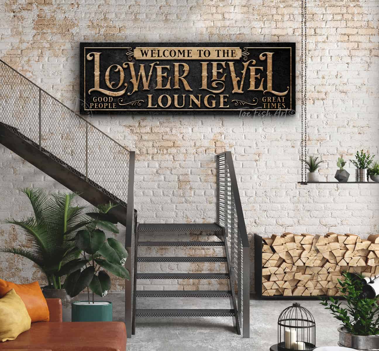 Personalized Lower Level Lounge Sign handmade by ToeFishArt. Original, custom, personalized wall decor signs. Canvas, Wood or Metal. Rustic modern farmhouse, cottagecore, vintage, retro, industrial, Americana, primitive, country, coastal, minimalist.