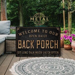 Back Porch Personalized Sign in outdoor metal handmade by ToeFishArt. Original, custom, personalized wall decor signs. Canvas, Wood or Metal. Rustic modern farmhouse, cottagecore, vintage, retro, industrial, Americana, primitive, country, coastal, minimalist.