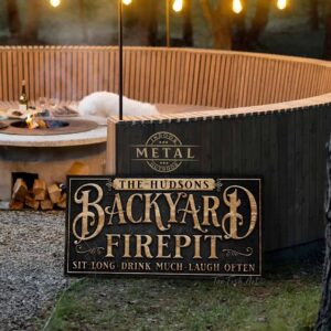 Backyard FirePit Personalized Sign in outdoor metal handmade by ToeFishArt. Original, custom, personalized wall decor signs. Canvas, Wood or Metal. Rustic modern farmhouse, cottagecore, vintage, retro, industrial, Americana, primitive, country, coastal, minimalist.