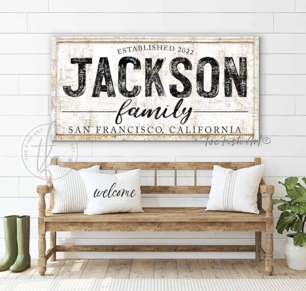 Family Name Last Name Sign canvas or outdoor metal handmade by ToeFishArt. Original, custom, personalized wall decor signs. Canvas, Wood or Metal. Rustic modern farmhouse, cottagecore, vintage, retro, industrial, Americana, primitive, country, coastal, minimalist.