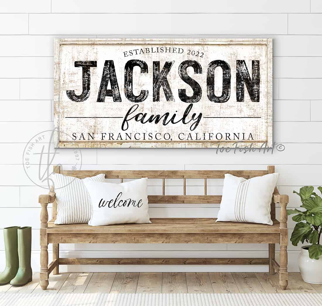 Family Name Last Name Sign canvas or outdoor metal handmade by ToeFishArt. Original, custom, personalized wall decor signs. Canvas, Wood or Metal. Rustic modern farmhouse, cottagecore, vintage, retro, industrial, Americana, primitive, country, coastal, minimalist.