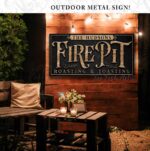 FirePit Personalized Sign in outdoor metal handmade by ToeFishArt. Original, custom, personalized wall decor signs. Canvas, Wood or Metal. Rustic modern farmhouse, cottagecore, vintage, retro, industrial, Americana, primitive, country, coastal, minimalist.