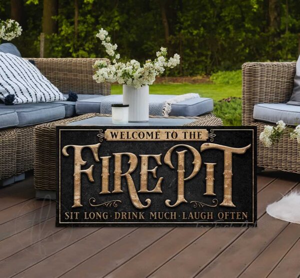 FirePit Personalized Sign in outdoor metal handmade by ToeFishArt. Original, custom, personalized wall decor signs. Canvas, Wood or Metal. Rustic modern farmhouse, cottagecore, vintage, retro, industrial, Americana, primitive, country, coastal, minimalist.