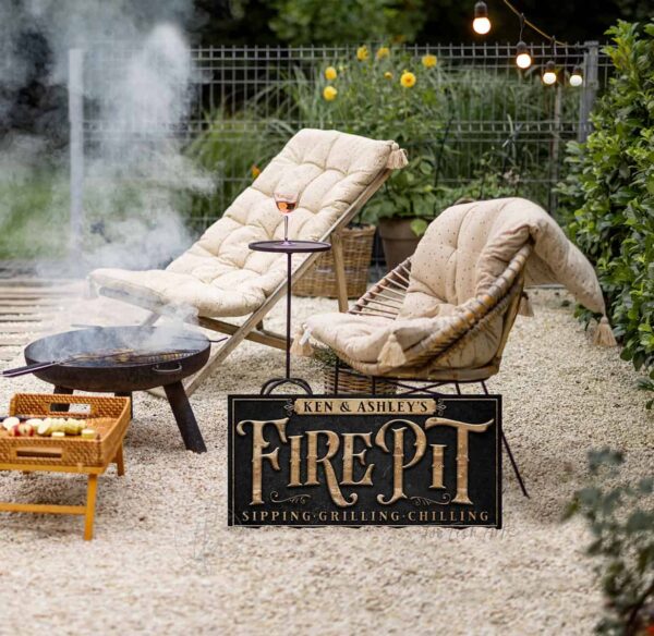 FirePit Personalized Sign in outdoor metal handmade by ToeFishArt. Original, custom, personalized wall decor signs. Canvas, Wood or Metal. Rustic modern farmhouse, cottagecore, vintage, retro, industrial, Americana, primitive, country, coastal, minimalist.