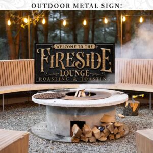 Custom Fireside Lounge Personalized Sign in exterior outdoor metal handmade by ToeFishArt. Original, custom, personalized wall decor signs. Canvas, Wood or Metal. Rustic modern farmhouse, cottagecore, vintage, retro, industrial, Americana, primitive, country, coastal, minimalist.