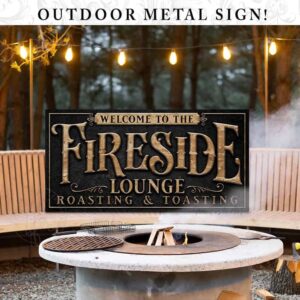 Custom Fireside Lounge Personalized Sign in exterior outdoor metal handmade by ToeFishArt. Original, custom, personalized wall decor signs. Canvas, Wood or Metal. Rustic modern farmhouse, cottagecore, vintage, retro, industrial, Americana, primitive, country, coastal, minimalist.