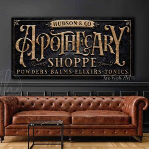 Apothecary Personalized Custom Sign wall art handmade by ToeFishArt. Original, custom, personalized wall decor signs. Canvas, Wood or Metal. Rustic modern farmhouse, cottagecore, vintage, retro, industrial, Americana, primitive, country, coastal, minimalist.