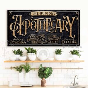 Apothecary Personalized Custom Sign wall art handmade by ToeFishArt. Original, custom, personalized wall decor signs. Canvas, Wood or Metal. Rustic modern farmhouse, cottagecore, vintage, retro, industrial, Americana, primitive, country, coastal, minimalist.