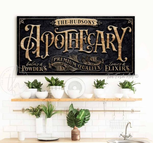 Apothecary Personalized Custom Sign wall art handmade by ToeFishArt. Original, custom, personalized wall decor signs. Canvas, Wood or Metal. Rustic modern farmhouse, cottagecore, vintage, retro, industrial, Americana, primitive, country, coastal, minimalist.