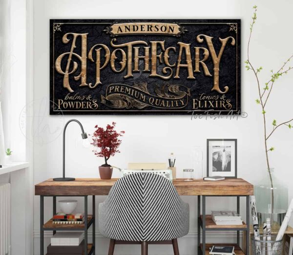 Apothecary Personalized Custom Sign wall art handmade by ToeFishArt. Original, custom, personalized wall decor signs. Canvas, Wood or Metal. Rustic modern farmhouse, cottagecore, vintage, retro, industrial, Americana, primitive, country, coastal, minimalist.