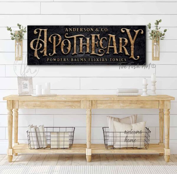 Apothecary Personalized Custom Sign wall art handmade by ToeFishArt. Original, custom, personalized wall decor signs. Canvas, Wood or Metal. Rustic modern farmhouse, cottagecore, vintage, retro, industrial, Americana, primitive, country, coastal, minimalist.