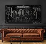 Personalized ApotheScary Potions Custom Halloween Decor Sign handmade by ToeFishArt. Original, custom, personalized wall decor signs. Canvas, Wood or Metal. Rustic modern farmhouse, cottagecore, vintage, retro, industrial, Americana, primitive, country, coastal, minimalist.