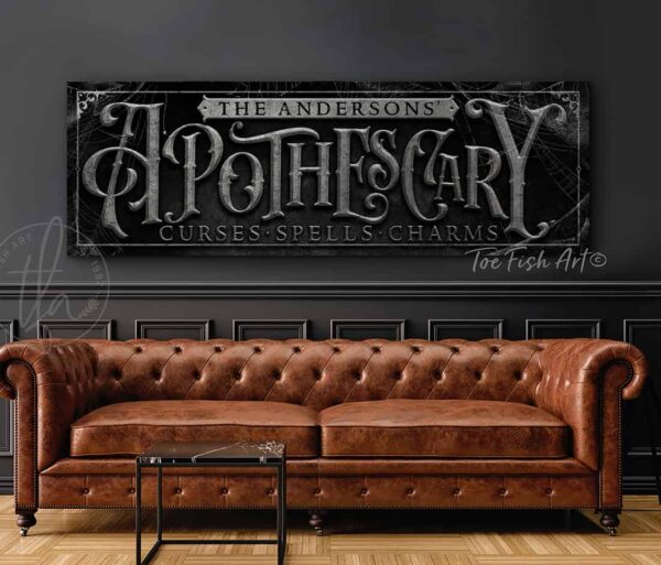 ApotheScary Personalized Custom Halloween Decoration Sign handmade by ToeFishArt. Original, custom, personalized wall decor signs. Canvas, Wood or Metal. Rustic modern farmhouse, cottagecore, vintage, retro, industrial, Americana, primitive, country, coastal, minimalist.