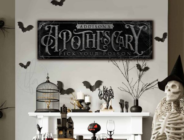 ApotheScary Personalized Custom Halloween Decoration Sign handmade by ToeFishArt. Original, custom, personalized wall decor signs. Canvas, Wood or Metal. Rustic modern farmhouse, cottagecore, vintage, retro, industrial, Americana, primitive, country, coastal, minimalist.