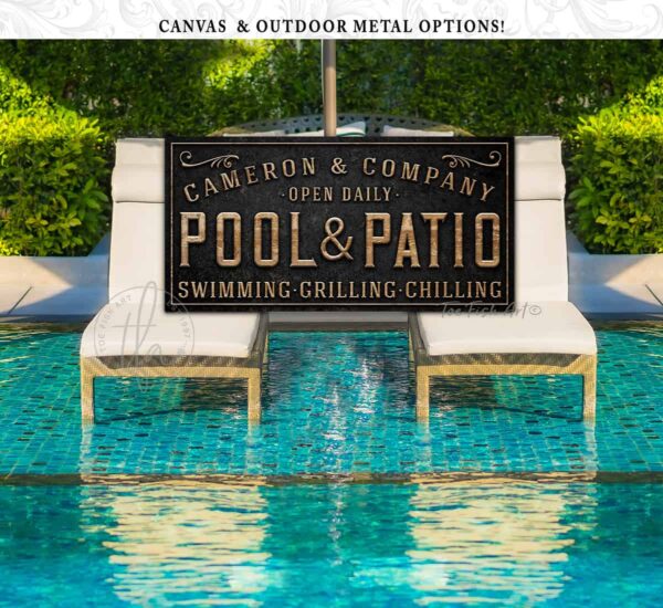 Pool & Patio Personalized Sign handmade by ToeFishArt. Original, custom, personalized wall decor signs. Canvas, Wood or Metal. Rustic modern farmhouse, cottagecore, vintage, retro, industrial, Americana, primitive, country, coastal, minimalist.