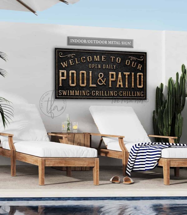 Pool & Patio Personalized Sign handmade by ToeFishArt. Original, custom, personalized wall decor signs. Canvas, Wood or Metal. Rustic modern farmhouse, cottagecore, vintage, retro, industrial, Americana, primitive, country, coastal, minimalist.