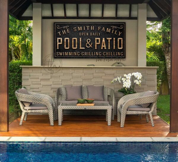 Pool & Patio Personalized Sign handmade by ToeFishArt. Original, custom, personalized wall decor signs. Canvas, Wood or Metal. Rustic modern farmhouse, cottagecore, vintage, retro, industrial, Americana, primitive, country, coastal, minimalist.