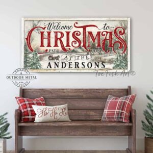 Welcome to Christmas personalized sleigh ride Sign handmade by ToeFishArt. Original, custom, personalized wall decor signs. Canvas, Wood or Metal. Rustic modern farmhouse, cottagecore, vintage, retro, industrial, Americana, primitive, country, coastal, minimalist.