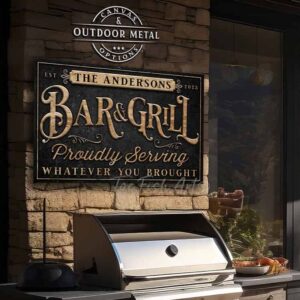 Bar & Grill Personalize-able Custom Home Decor Canvas or Outdoor Metal Sign handmade by ToeFishArt. Original, custom, personalized wall decor signs. Canvas, Wood or Metal. Rustic modern farmhouse, cottagecore, vintage, retro, industrial, Americana, primitive, country, coastal, minimalist.