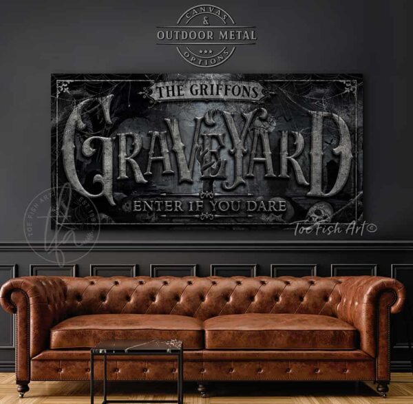 Graveyard Personalize-able Custom Halloween Home Decor Canvas or Outdoor Metal Sign handmade by ToeFishArt. Original, custom, personalized wall decor signs. Canvas, Wood or Metal. Rustic modern farmhouse, cottagecore, vintage, retro, industrial, Americana, primitive, country, coastal, minimalist.