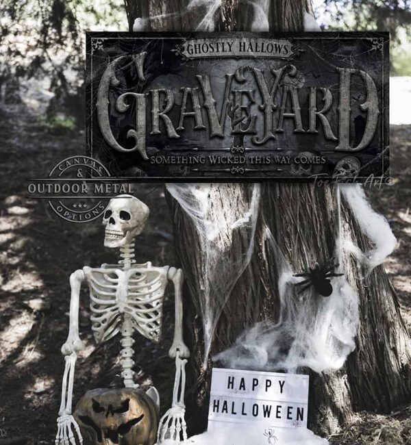 Graveyard Personalize-able Custom Halloween Home Decor Canvas or Outdoor Metal Sign handmade by ToeFishArt. Original, custom, personalized wall decor signs. Canvas, Wood or Metal. Rustic modern farmhouse, cottagecore, vintage, retro, industrial, Americana, primitive, country, coastal, minimalist.