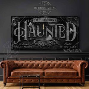 Haunted House Personalize-able Custom Halloween Home Decor Canvas or Outdoor Metal Sign handmade by ToeFishArt. Original, custom, personalized wall decor signs. Canvas, Wood or Metal. Rustic modern farmhouse, cottagecore, vintage, retro, industrial, Americana, primitive, country, coastal, minimalist.