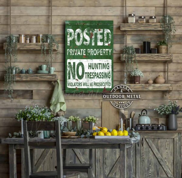 Posted Private Property No Hunting Trespassing Green and White Vertical Rustic Canvas or Outdoor Metal Sign handmade by ToeFishArt. Original, custom, personalized wall decor signs. Canvas, Wood or Metal. Rustic modern farmhouse, cottagecore, vintage, retro, industrial, Americana, primitive, country, coastal, minimalist.