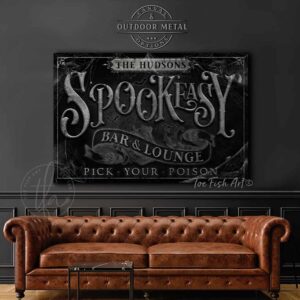Spookeasy Bar & Lounge Halloween Home Decor Canvas or Outdoor Metal Sign handmade by ToeFishArt. Original, custom, personalized wall decor signs. Canvas, Wood or Metal. Rustic modern farmhouse, cottagecore, vintage, retro, industrial, Americana, primitive, country, coastal, minimalist.