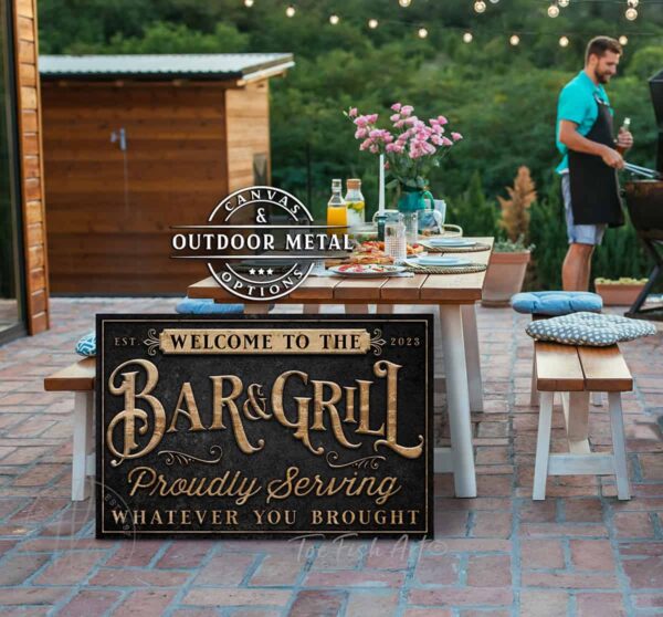 Bar & Grill Personalize-able Custom Home Decor Canvas or Outdoor Metal Sign handmade by ToeFishArt. Original, custom, personalized wall decor signs. Canvas, Wood or Metal. Rustic modern farmhouse, cottagecore, vintage, retro, industrial, Americana, primitive, country, coastal, minimalist.