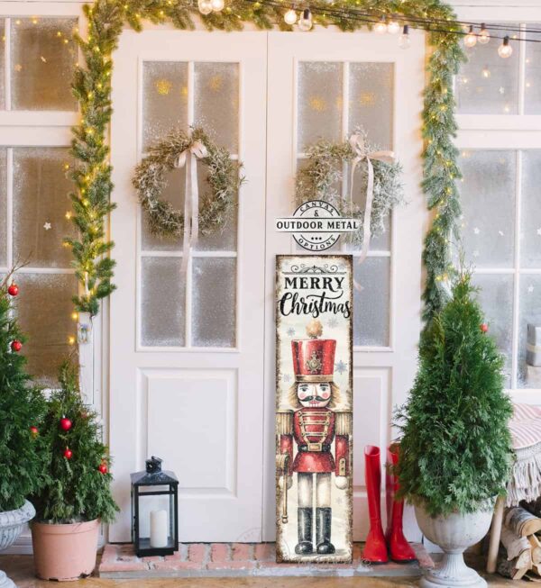 Merry Christmas Nutcracker Toy Soldier Doll Vertical Porch Front Door Entryway Welcome Holiday Decoration Canvas or Outdoor Metal Sign handmade by ToeFishArt. Original, custom, personalized wall decor signs. Canvas, Wood or Metal. Rustic modern farmhouse, cottagecore, vintage, retro, industrial, Americana, primitive, country, coastal, minimalist.